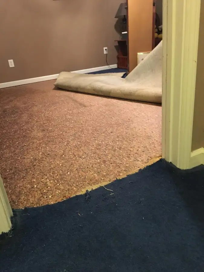 Carpet pad removal revealing water damage during Water Mitigation Services in La Mirada